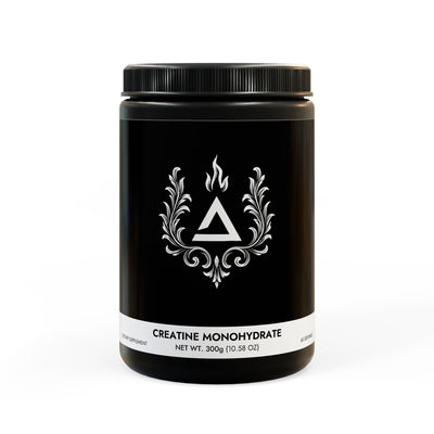 Black container of creatine monohydrate with a decorative logo on a white background